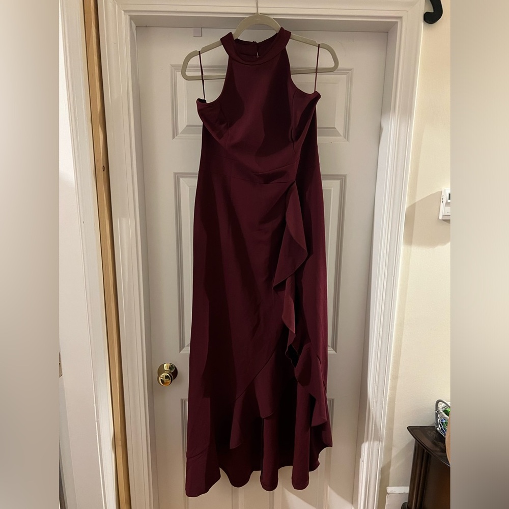 EUC formal, high-low body con, ruffle hem midi dress